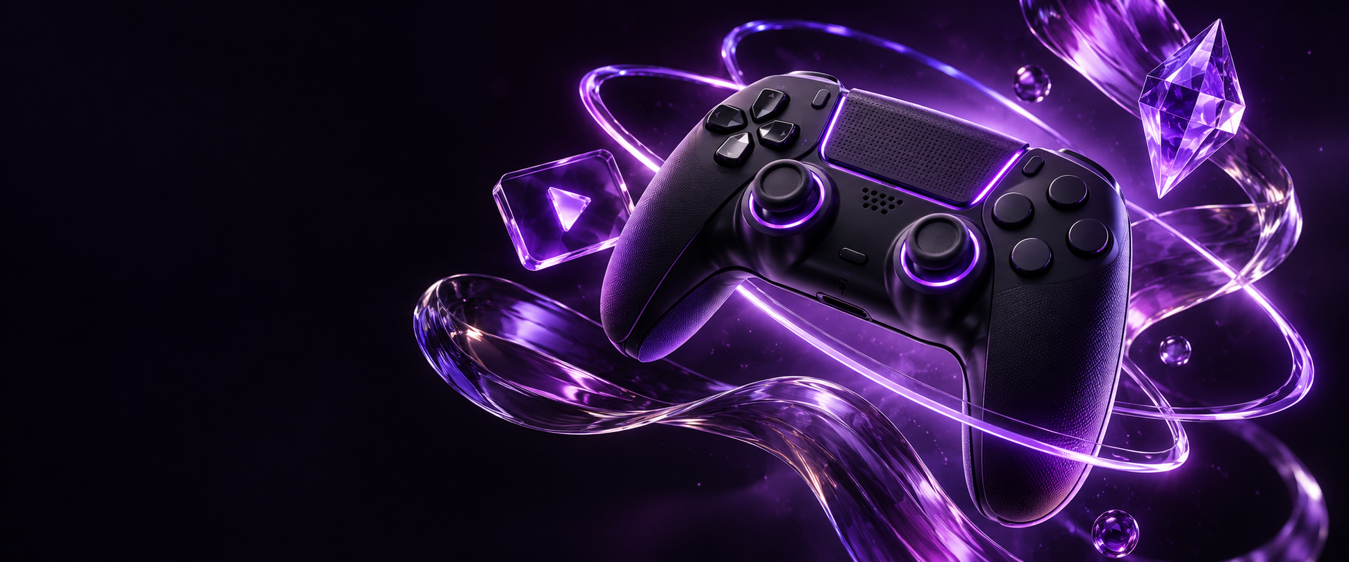 Violet glass ribbons surrounding a premium game controller